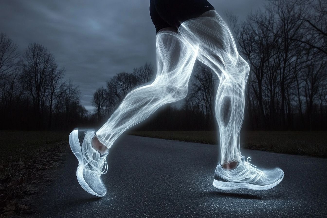 Photo dynamique des jambes d'un coureur mettant en valeur des quadriceps bien définis sur un chemin pittoresque.