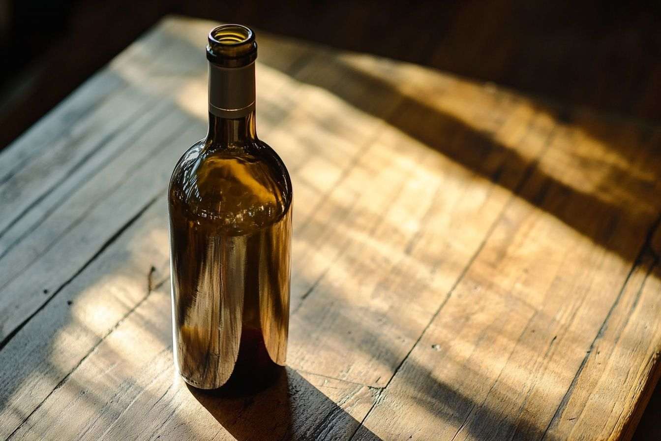 Image d'illustration. Gros plan d une bouteille de vin vide sur une table en bois rustique