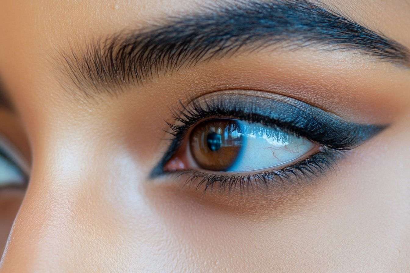 Un gros plan de kajal appliqué avec soin autour des yeux, mettant en valeur le contraste avec la teinte de la peau.