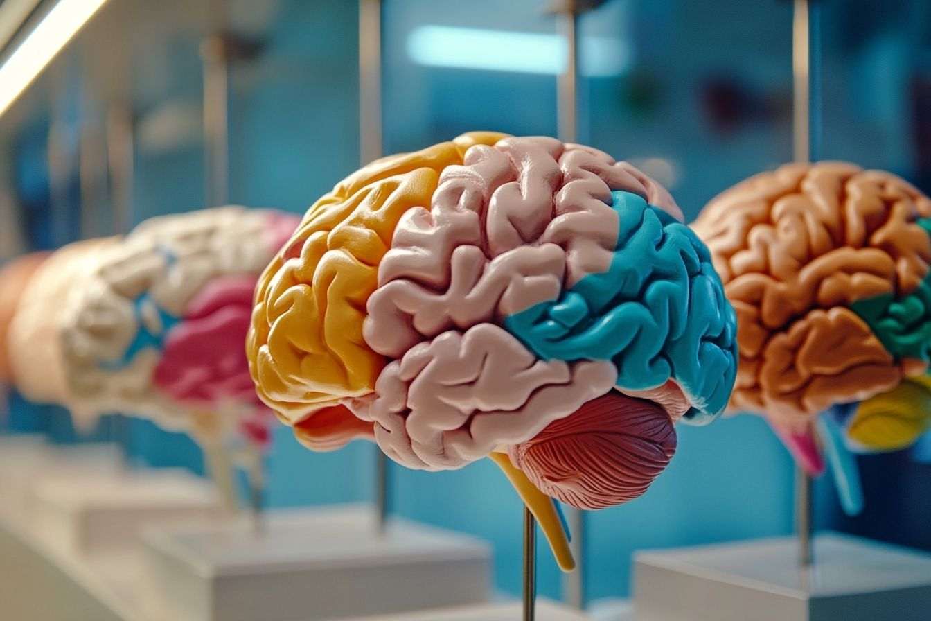 Gros plan de modèles de cerveau colorés démontrant la santé cognitive