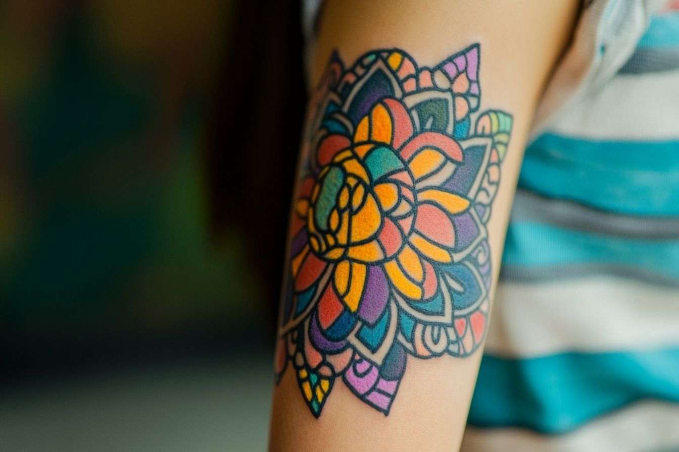 Gros plan détaillé de tatouages temporaires colorés sur le bras d'une jeune personne, présentant des motifs complexes.