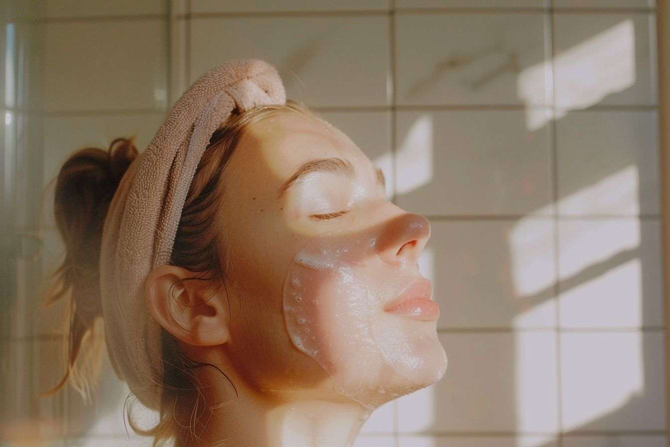 Nettoyage doux de la peau dans une salle de bain lumineuse