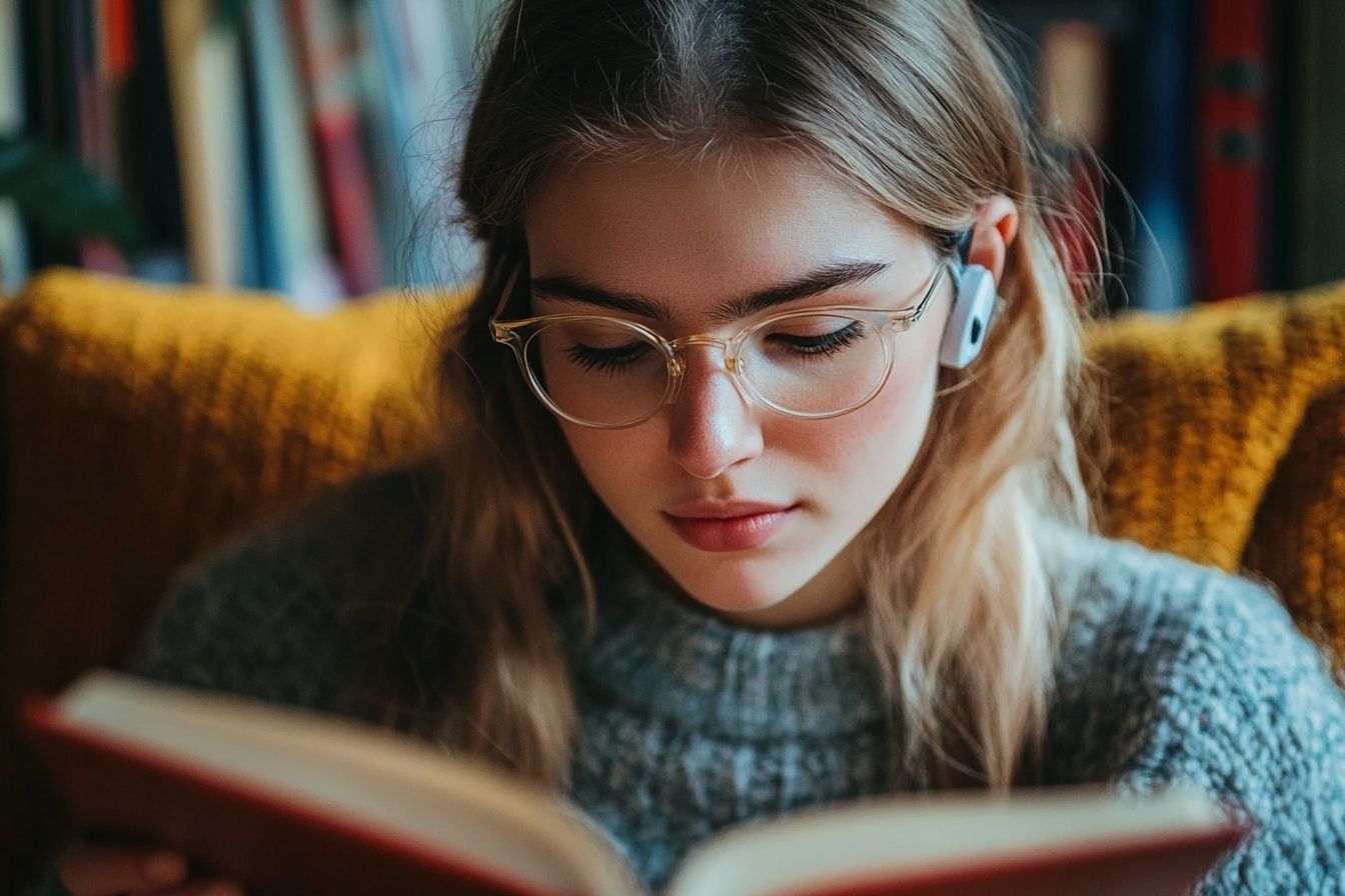 Image d'illustration. Une jeune femme sourde équipée d aides auditives lit un livre