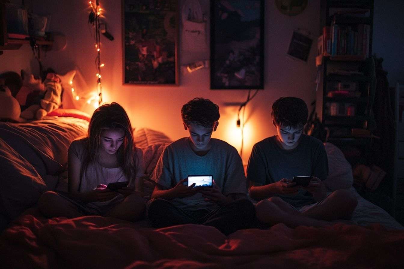 Des adolescents plongés dans leurs téléphones, éclairés par les écrans, dans une chambre faiblement éclairée.