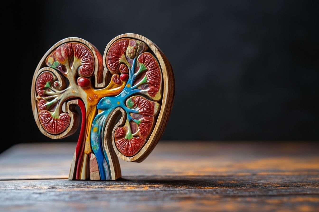 Une collection de brochures informatives sur la santé des reins soigneusement disposée sur une table en bois