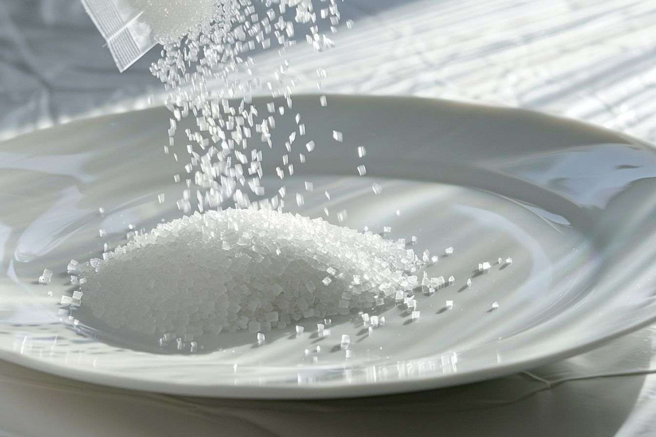 Granules de sucre sur assiette blanche