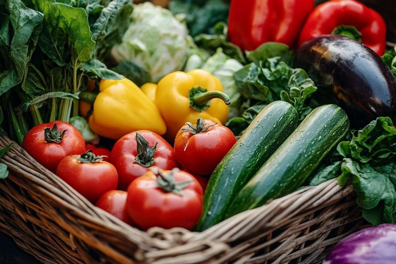 Gros plan de légumes fraîchement cueillis disposés dans un panier en bois, aux couleurs éclatantes sur un fond rustique.