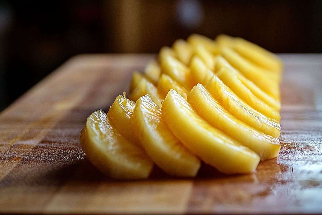 Photo artistique de tranches d'ananas frais soigneusement disposées sur une planche à découper en bois.