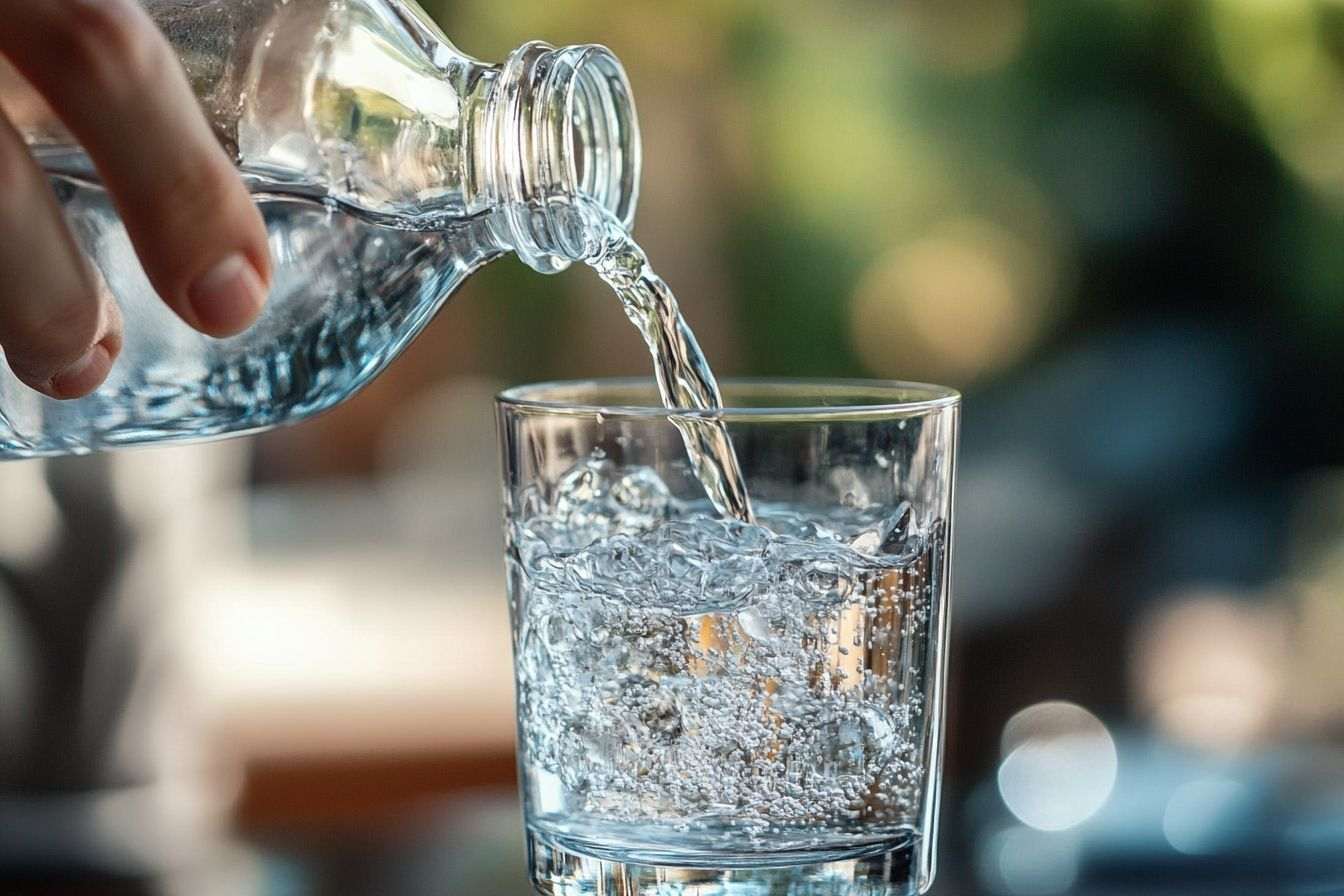 Gros plan d une main versant de l eau dans un verre élégant