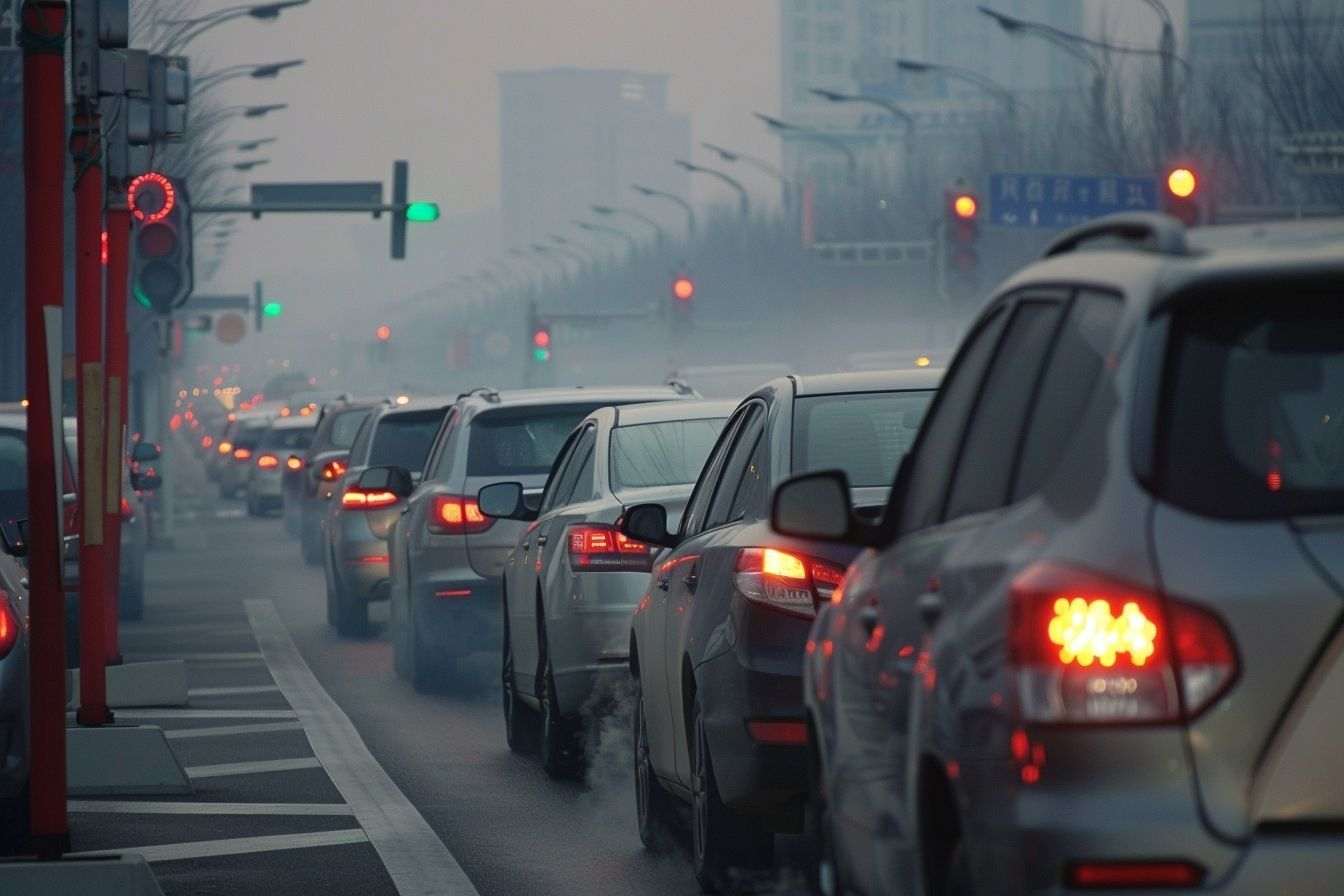 Ligne de voitures à un feu rouge avec smog