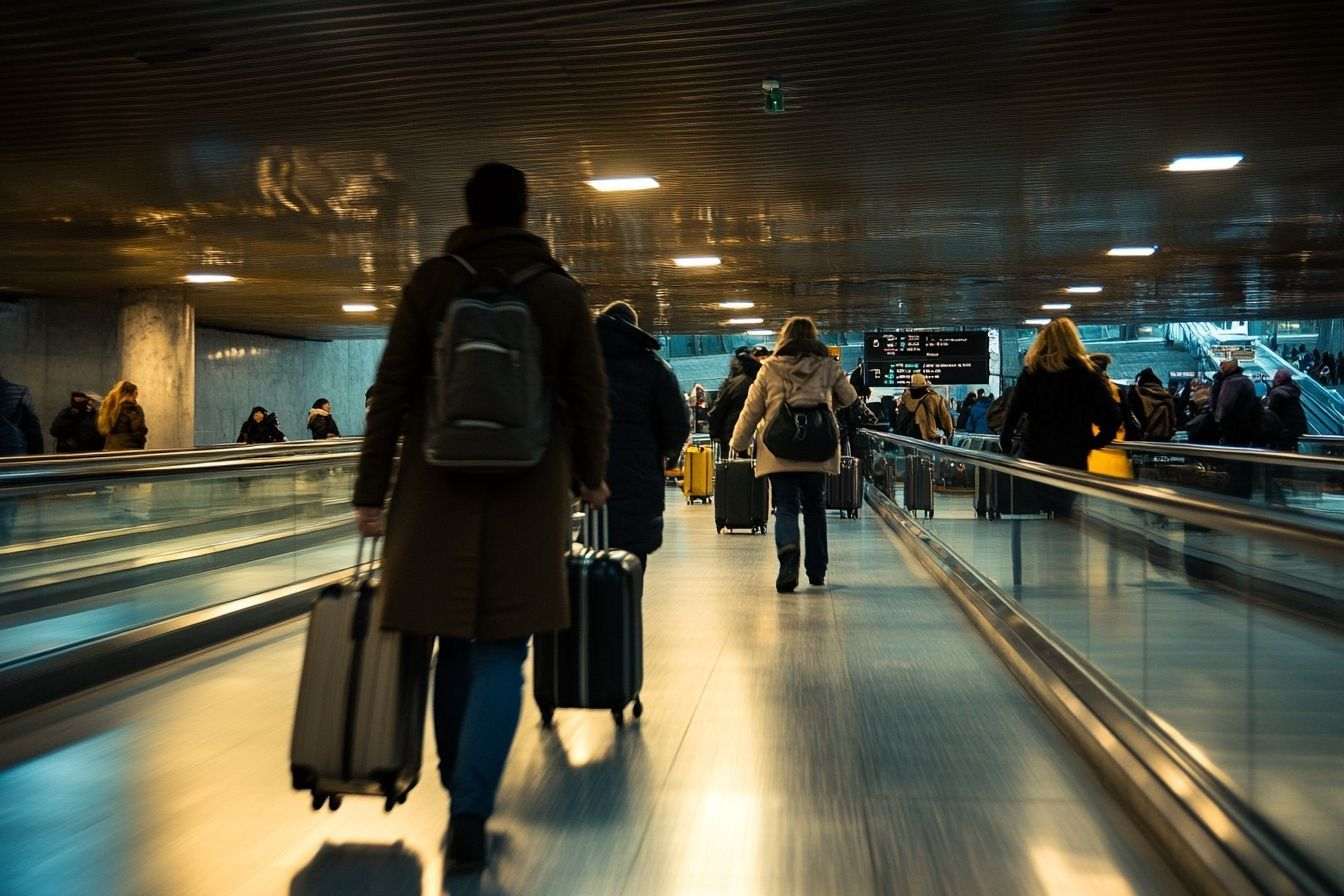 Les voyageurs récupèrent leurs bagages sur le carrousel à Paris, illustrant la richesse culturelle des voyages.