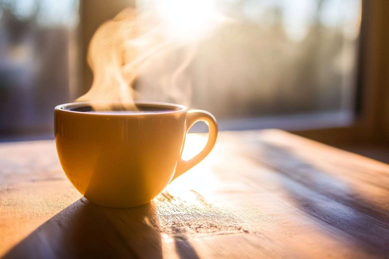 Une ambiance chaleureuse avec un café fumant et des rayons de soleil traversant la fenêtre