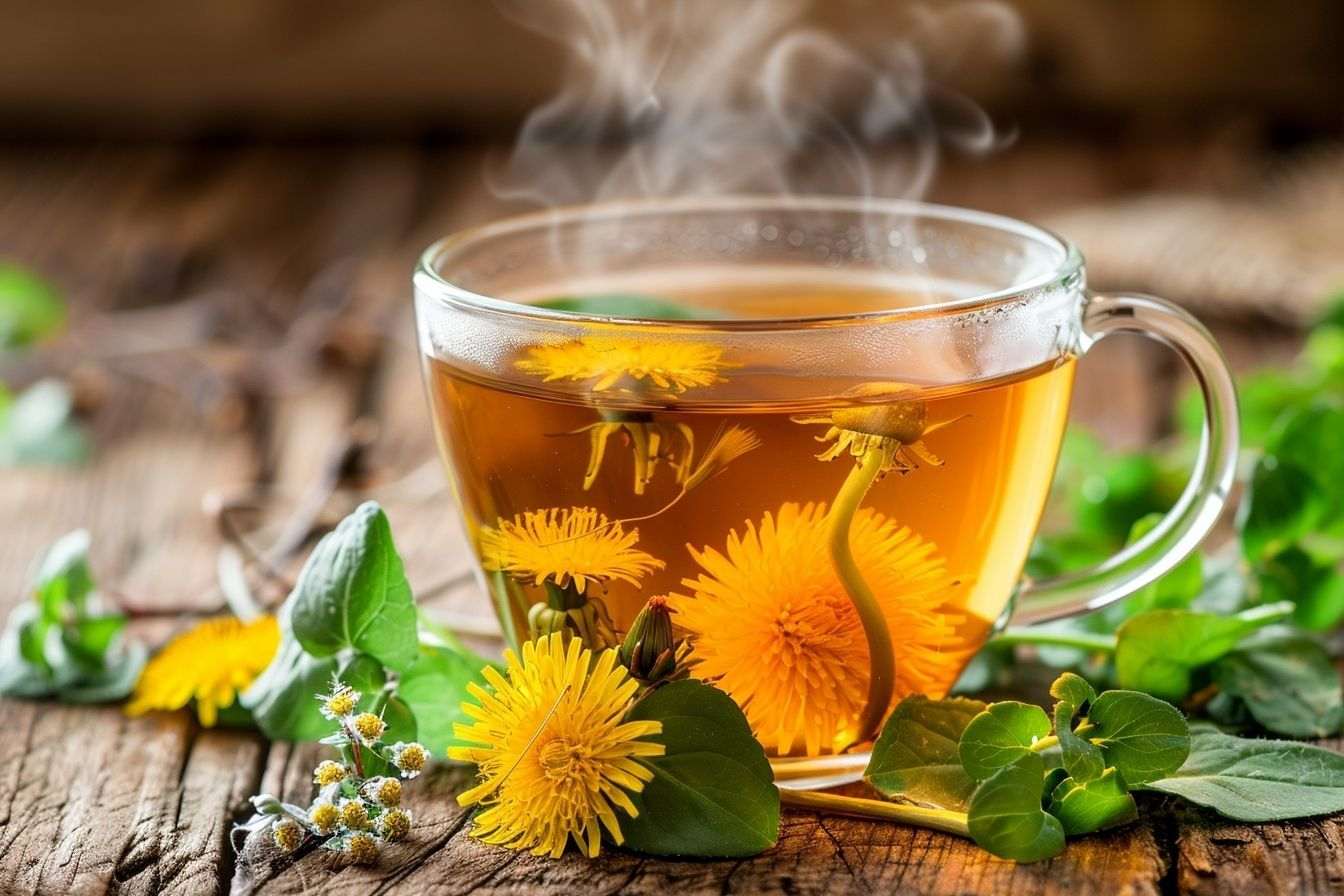 Tisane de pissenlit fumante sur table en bois