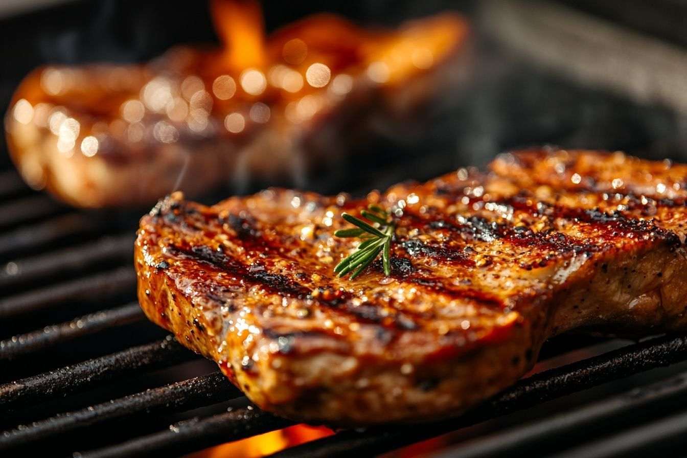 Gros plan de viande grillée parfaitement avec une croûte dorée et croustillante sur le barbecue.