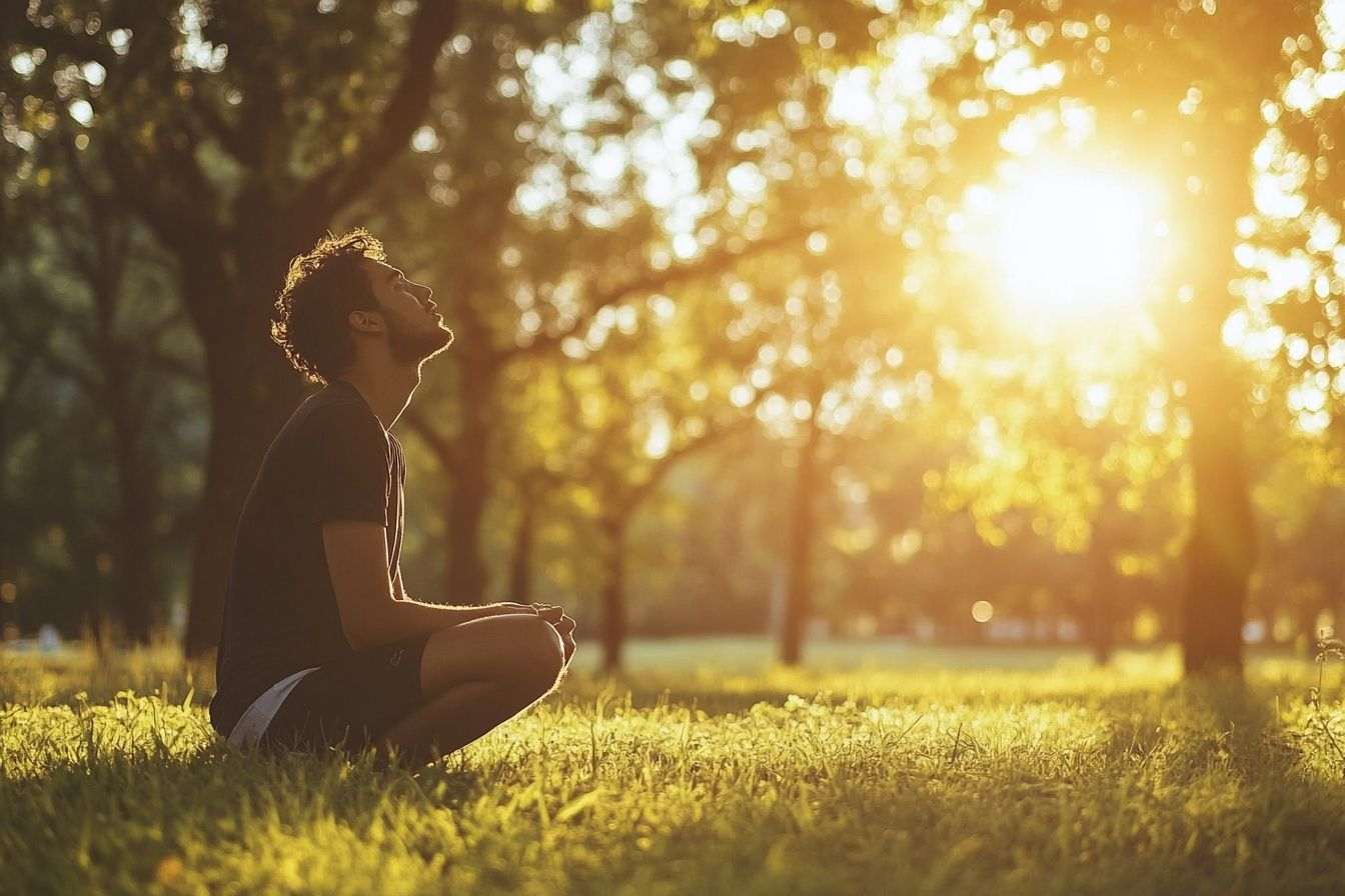 Vue de profil d'une personne reprenant son souffle, mains sur les genoux, avec en arrière-plan un parc ensoleillé.
