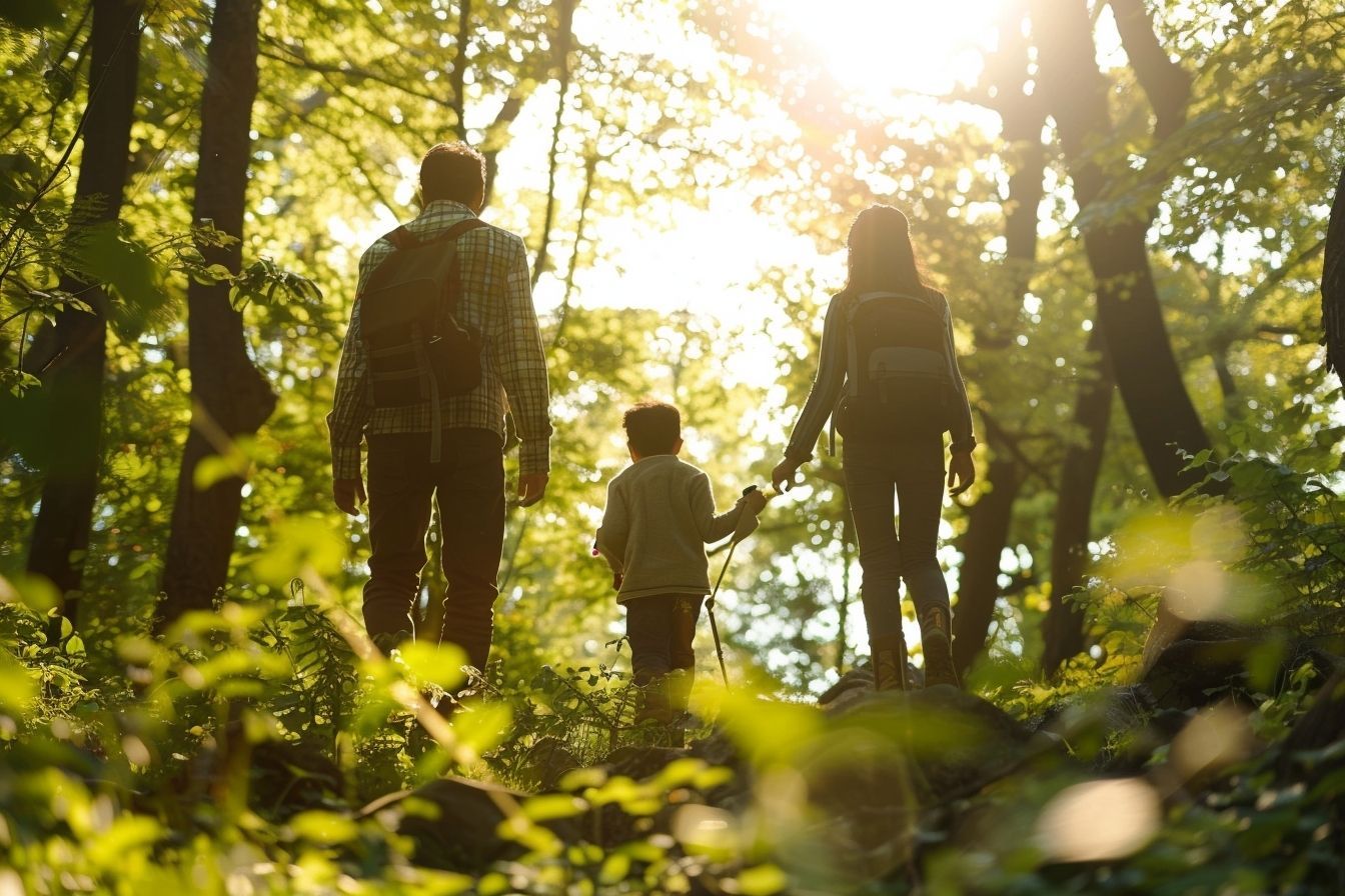 Vue panoramique d une randonnée en famille dans une forêt luxuriante