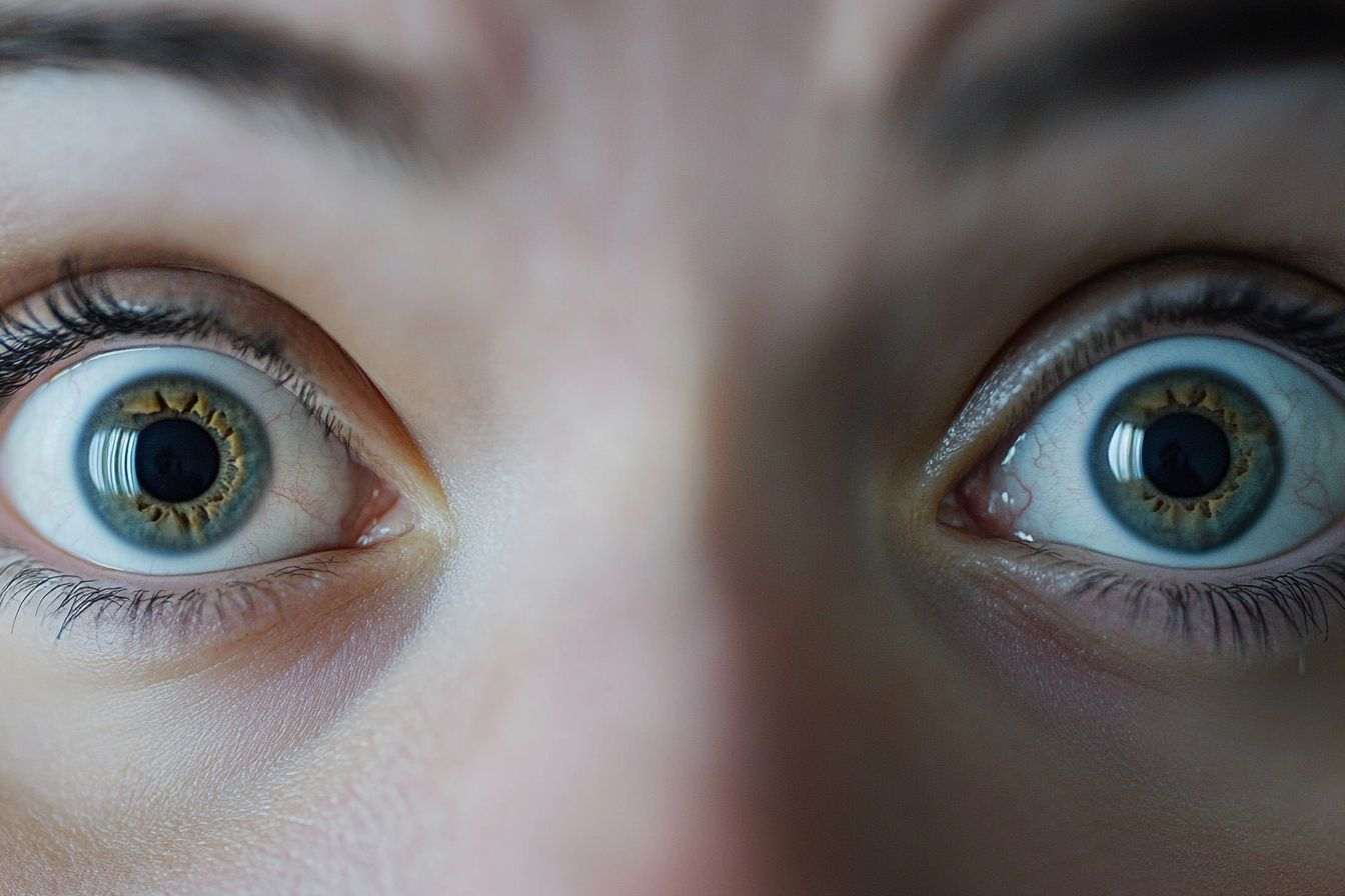 Vue rapprochée d'yeux ouverts en grand, les sourcils levés, capturant l'essence de la surprise devant l'écran.