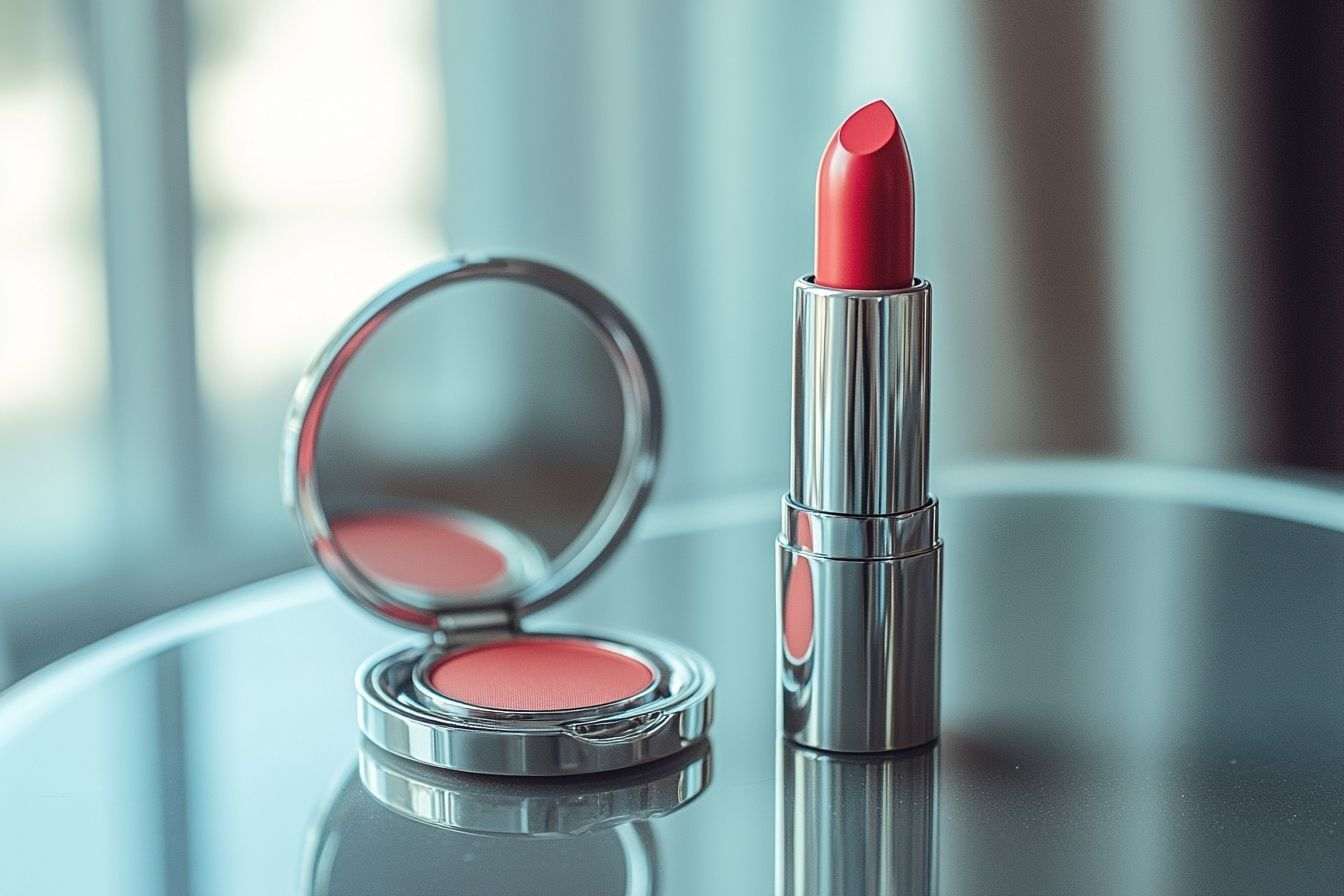 Gros plan d un tube de rouge à lèvres vibrant avec miroir compact élégant sur une coiffeuse chic