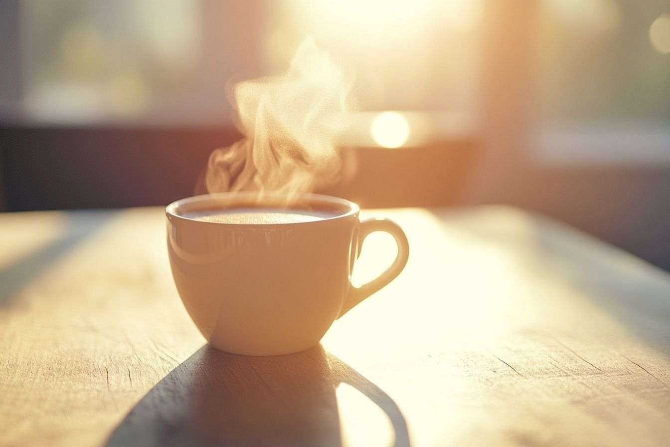 Tasse de café chaude avec rayons de soleil