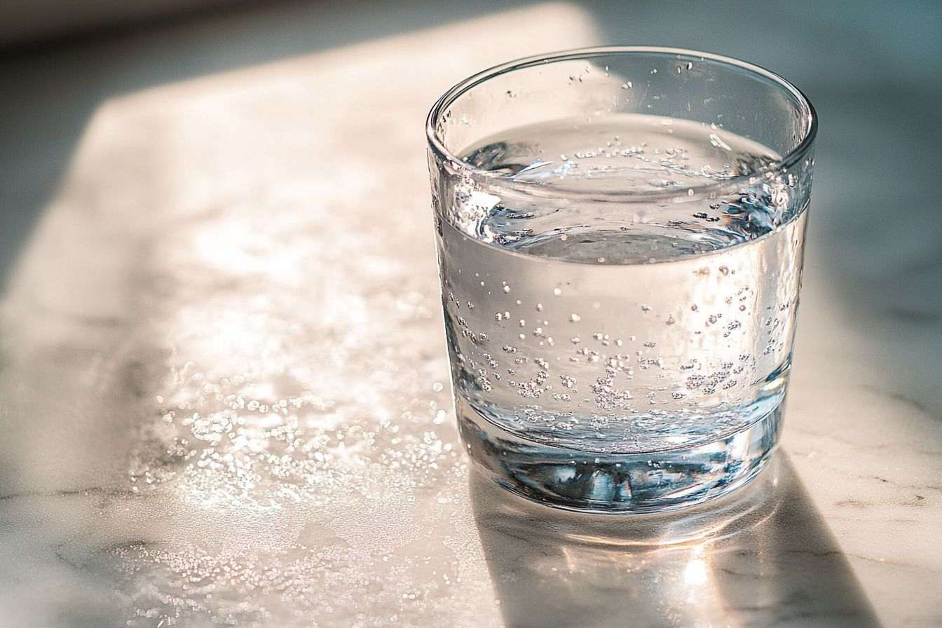 Verre d eau sur comptoir en marbre