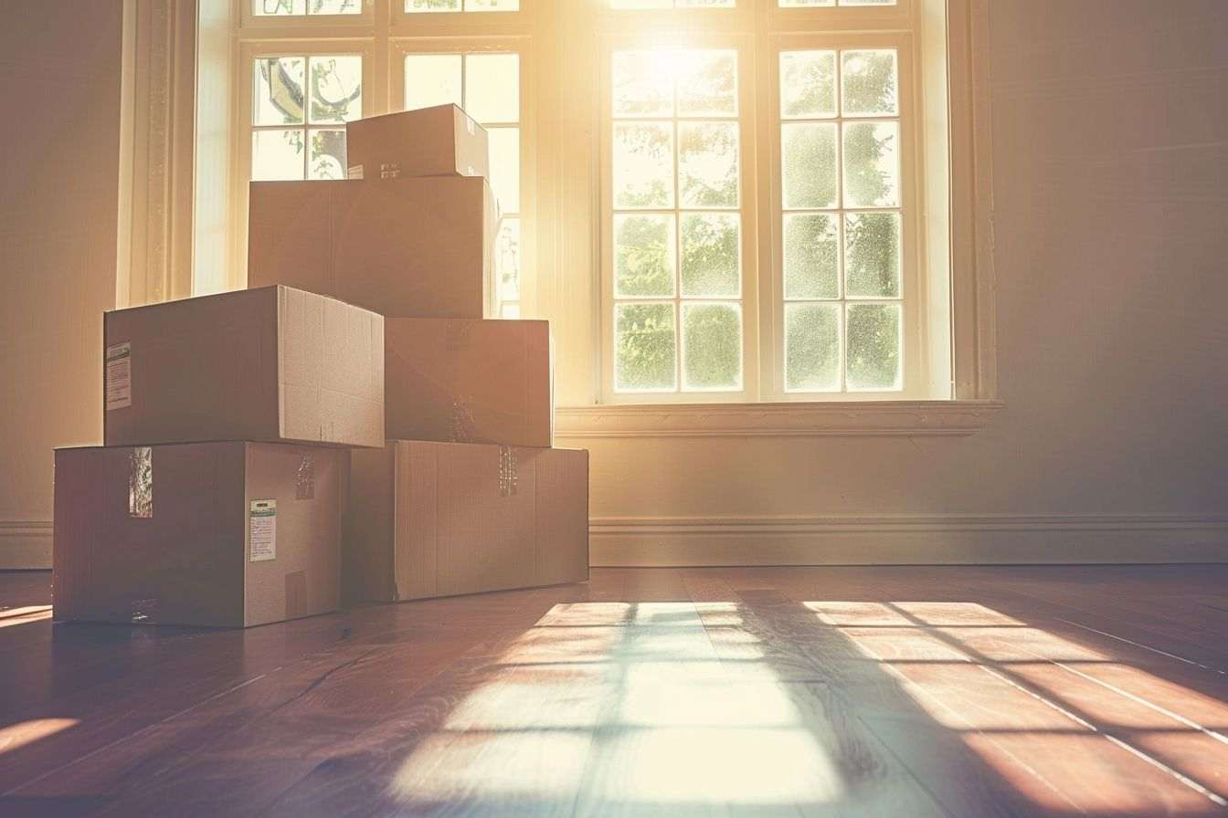 Piles de cartons de déménagement dans une pièce lumineuse