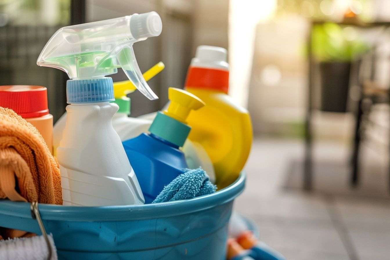 Seau avec eau chaude et articles de nettoyage prêts à l emploi