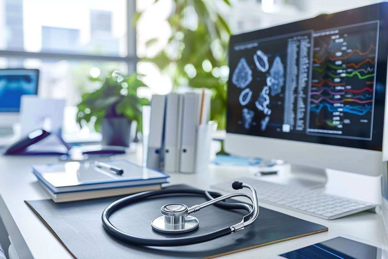 Stéthoscope sur un bureau avec livres médicaux et plante