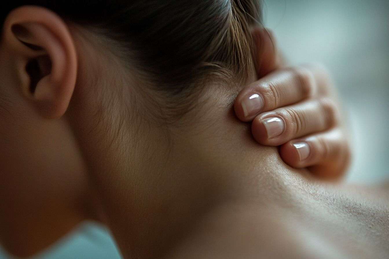 Gros plan d un cou tendu avec une main massant doucement la zone