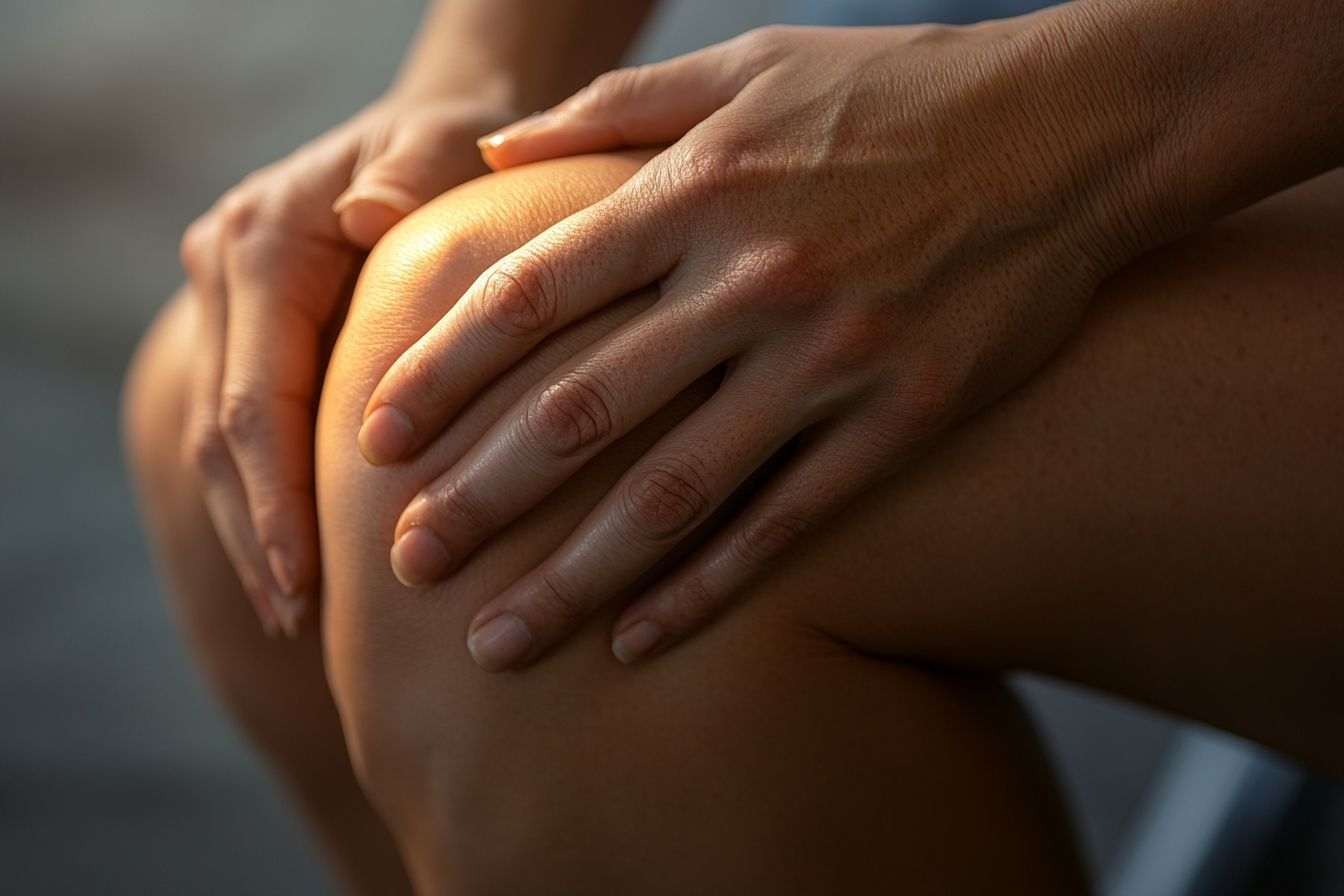 Gros plan sur les mains massant un genou