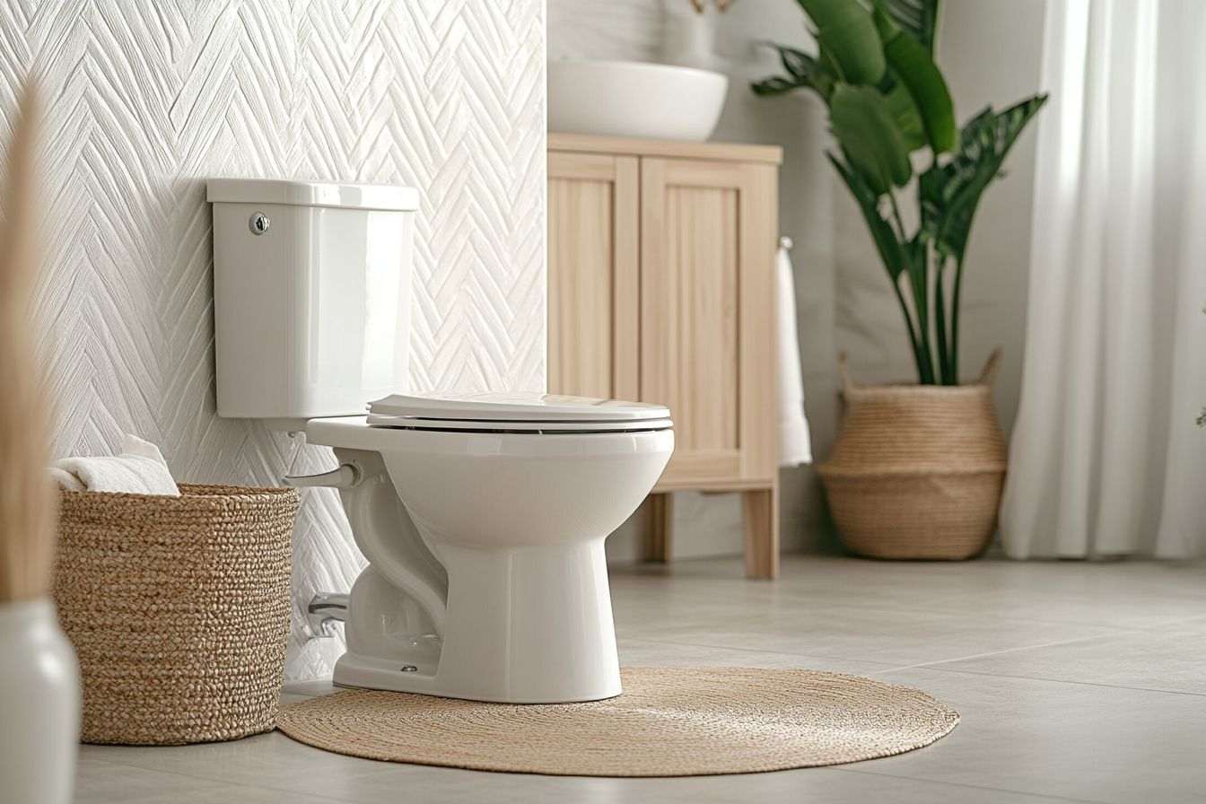 Toilette blanche minimaliste et accents de bois