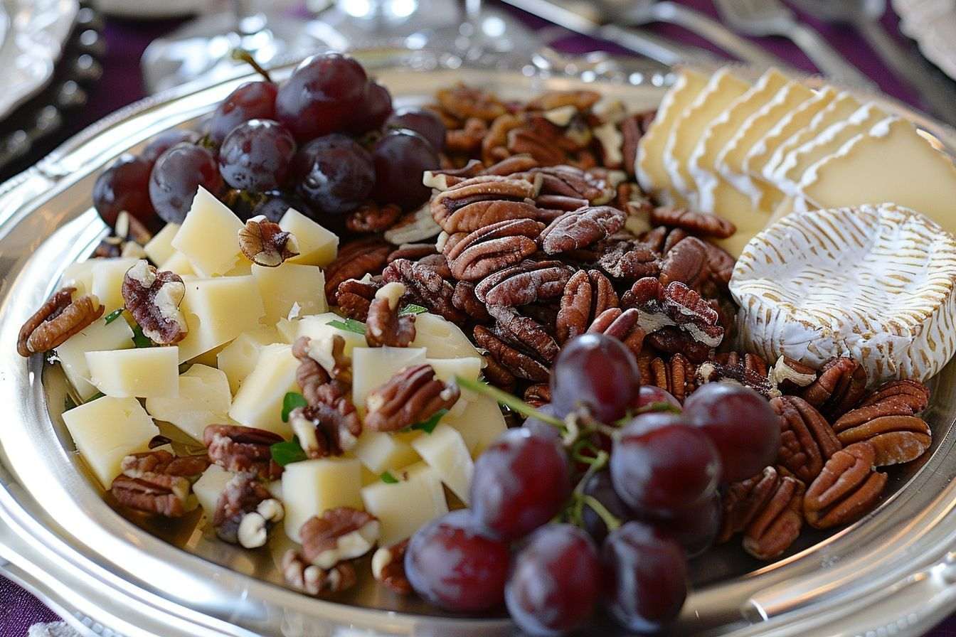 Vue aérienne d une assiette avec camembert, noix et raisins