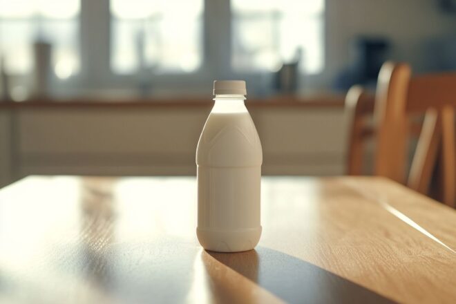 Bouteille de lait en plastique blanc sur table en bois