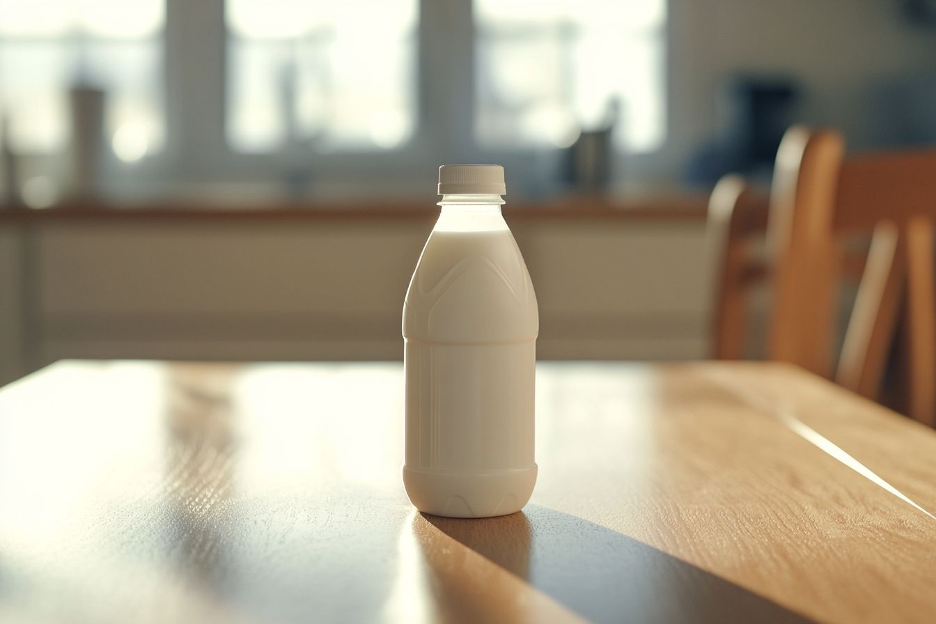 Bouteille de lait en plastique blanc sur table en bois
