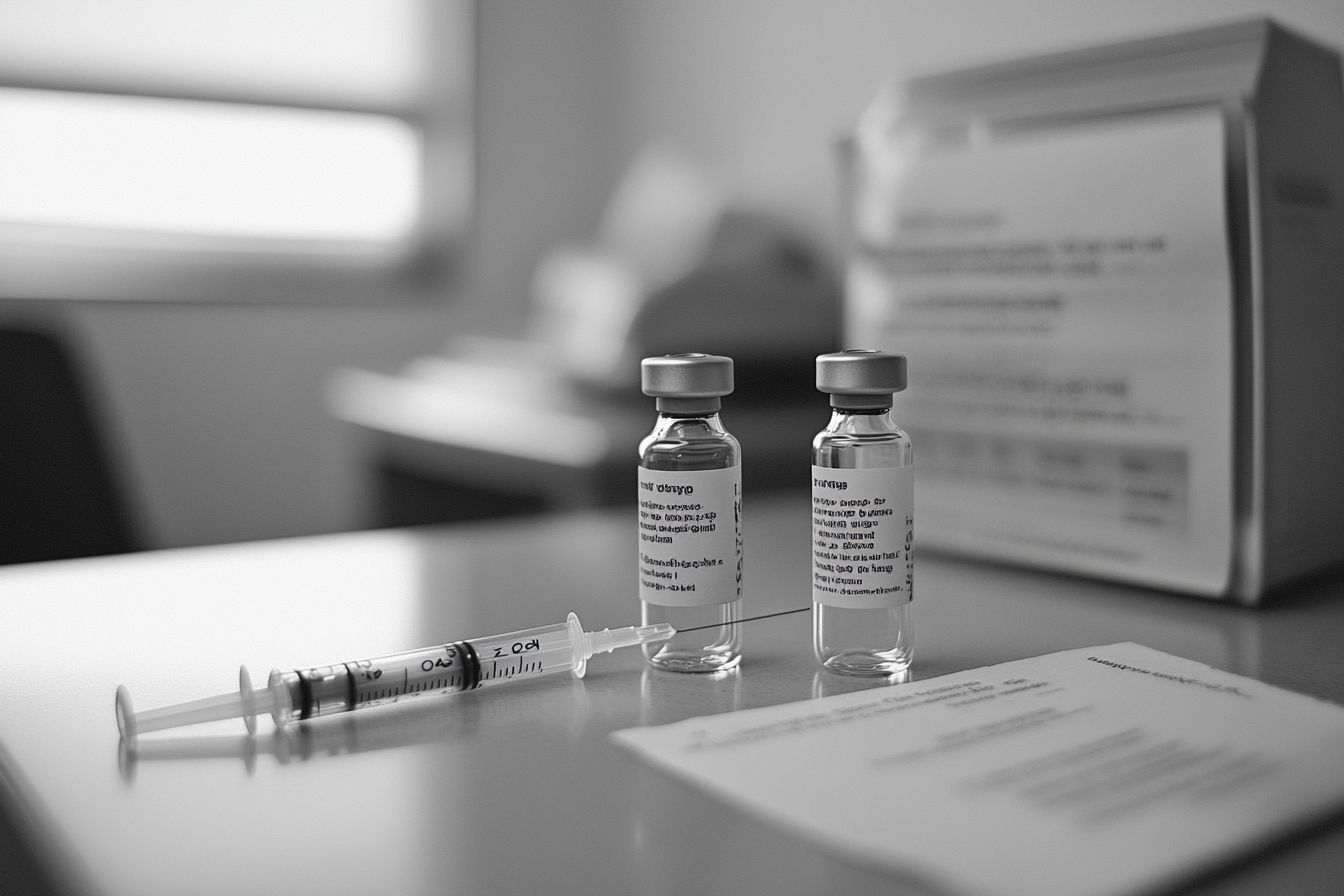 Flacon de vaccin et seringue sur table médicale