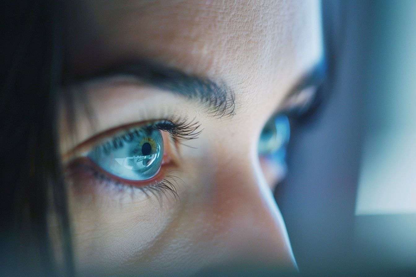 Gros plan d une personne plissant les yeux devant un écran