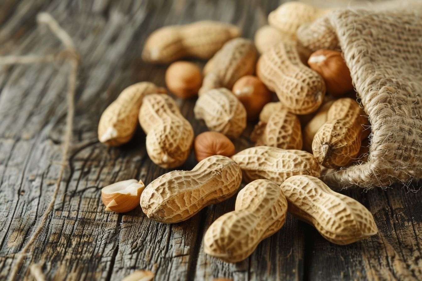 Gros plan d une poignée de cacahuètes grillées sur une table en bois rustique