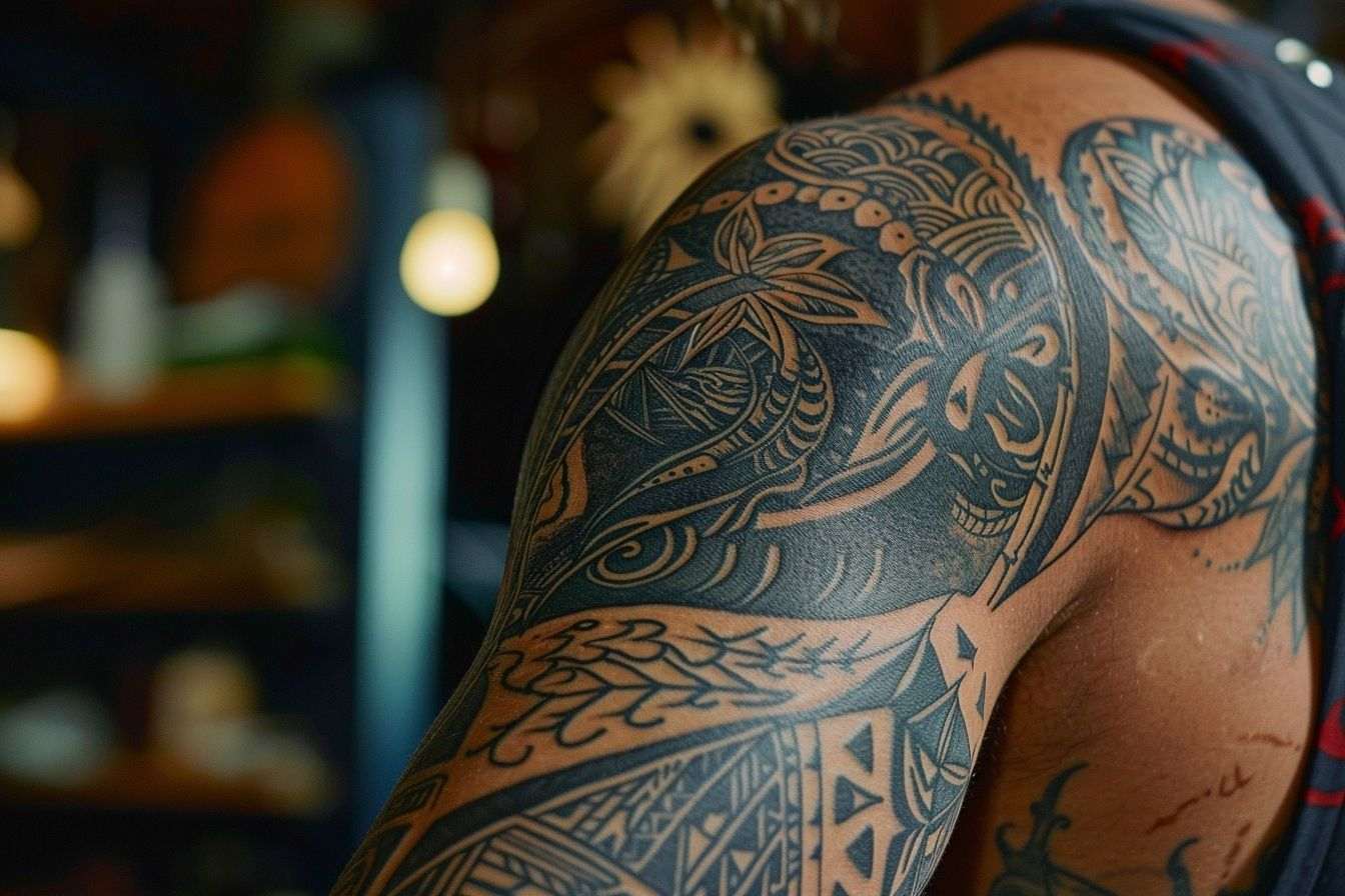 Gros plan tatouage manche motifs variés