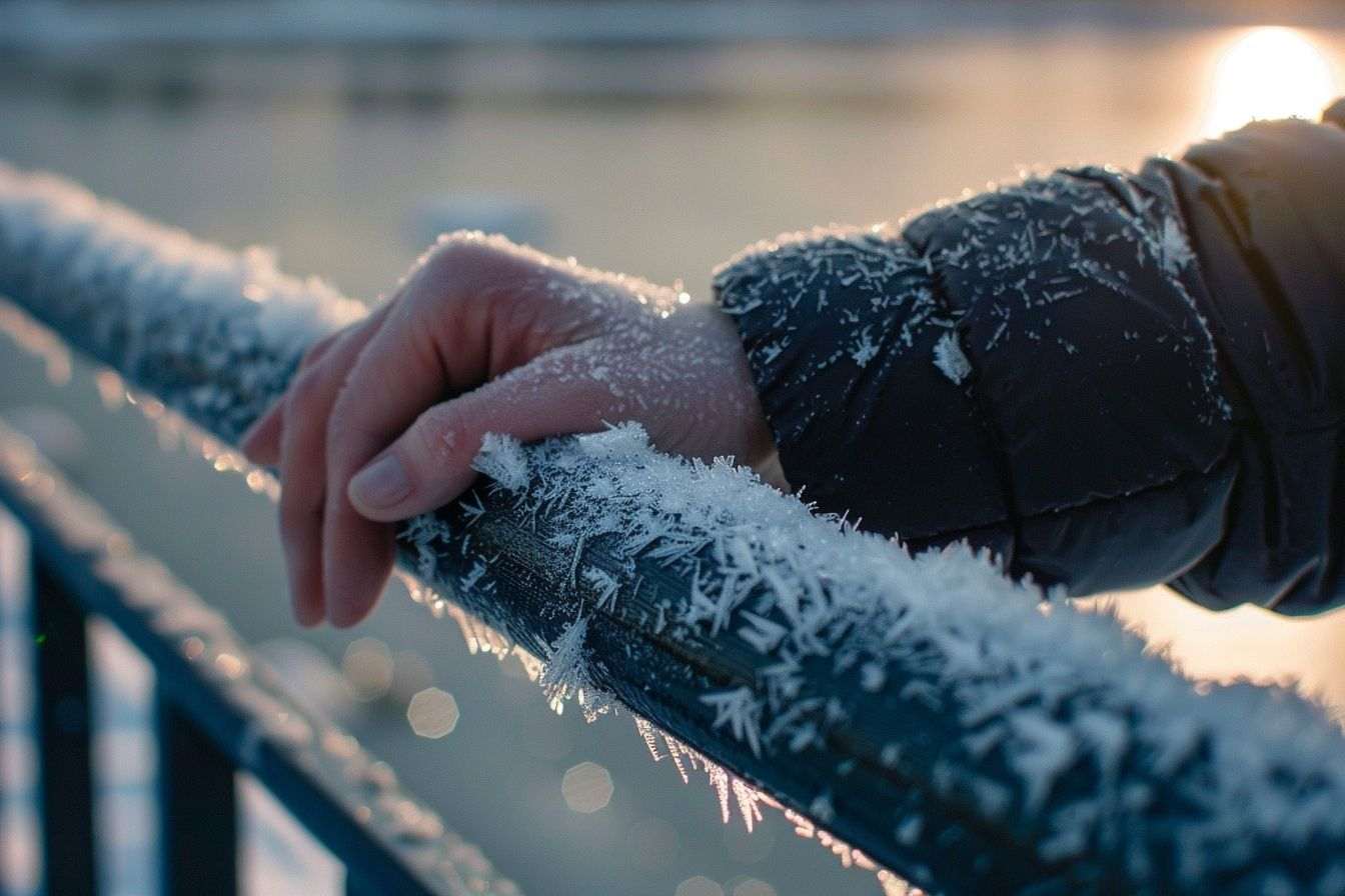 Mains et glace sur railing métallique
