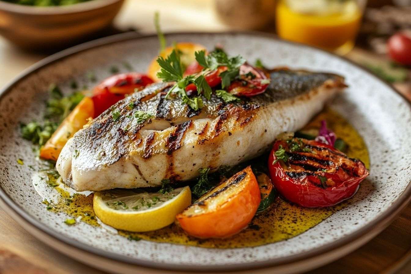 Plat de bar rôti accompagné de légumes variés et huile d olive