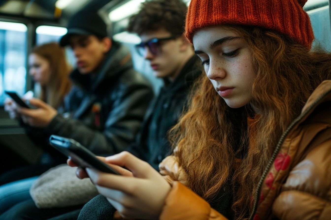 Teenagers with smartphones on london underground