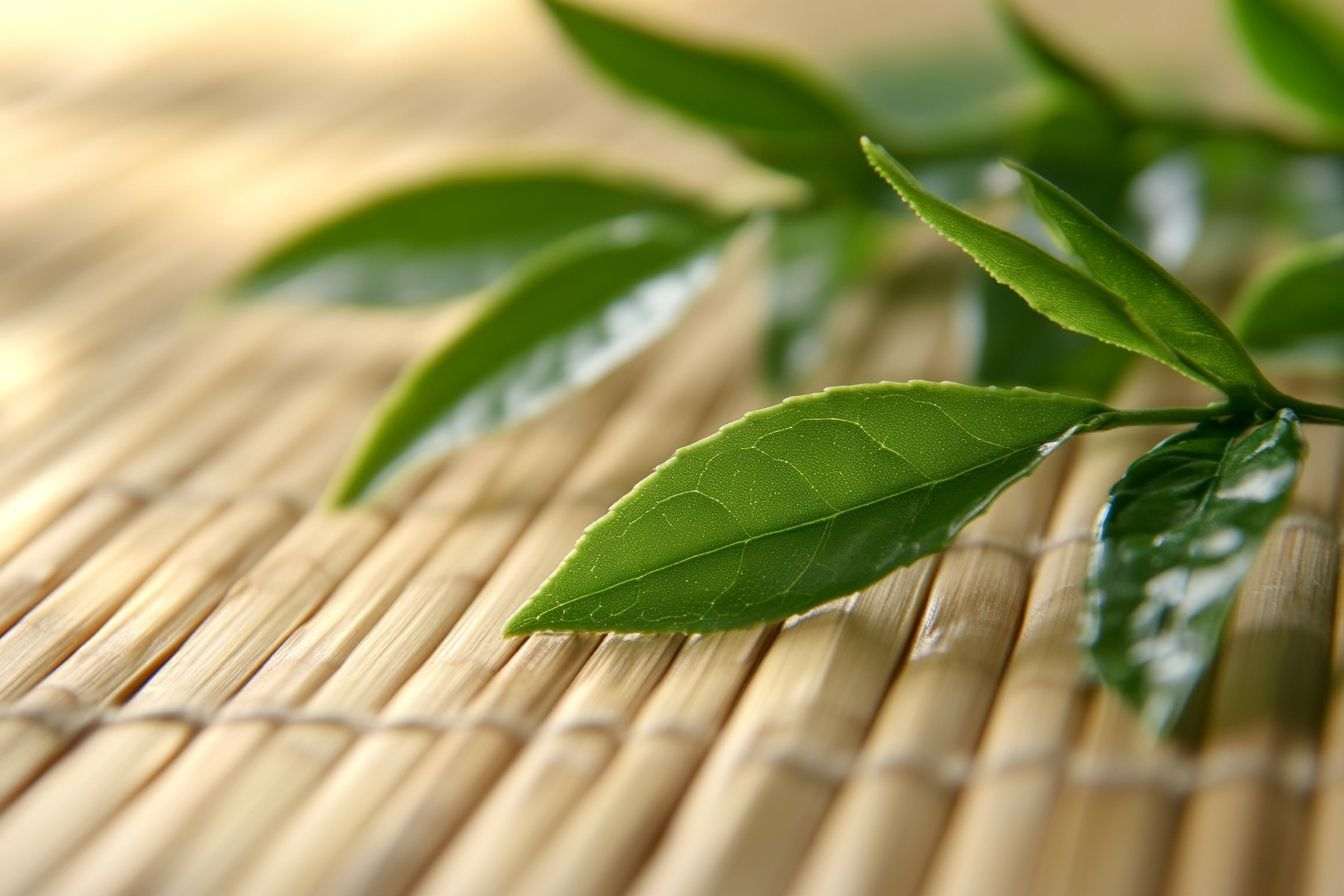 Gros plan de feuilles de thé vert fraîches sur natte en bambou