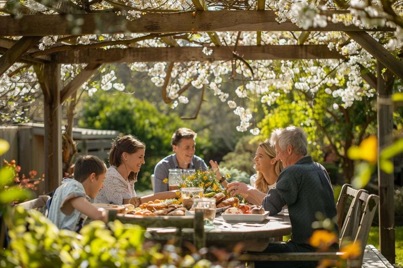 Famille repas pergola jardin soleil