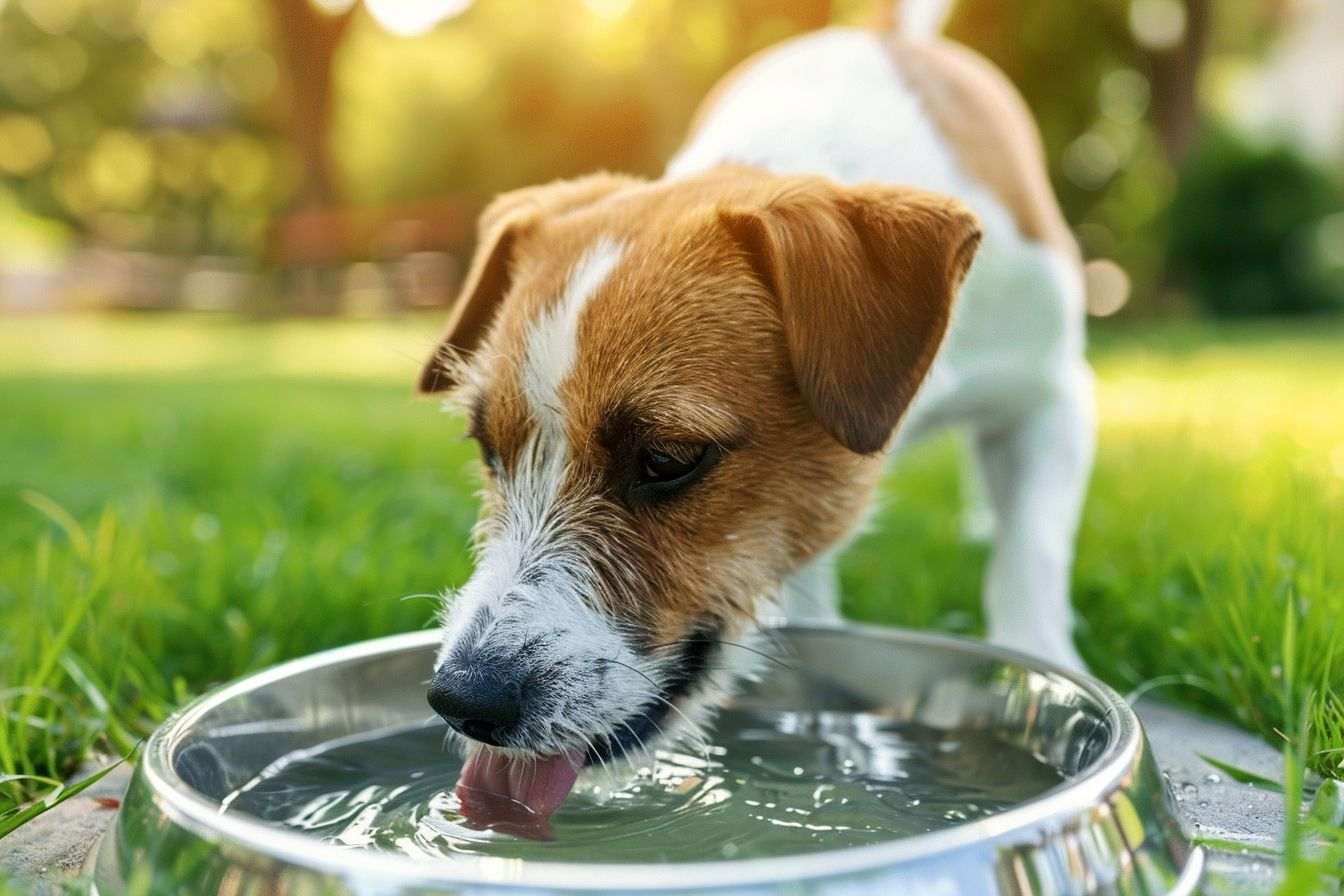 Chien buvant d eau au parc