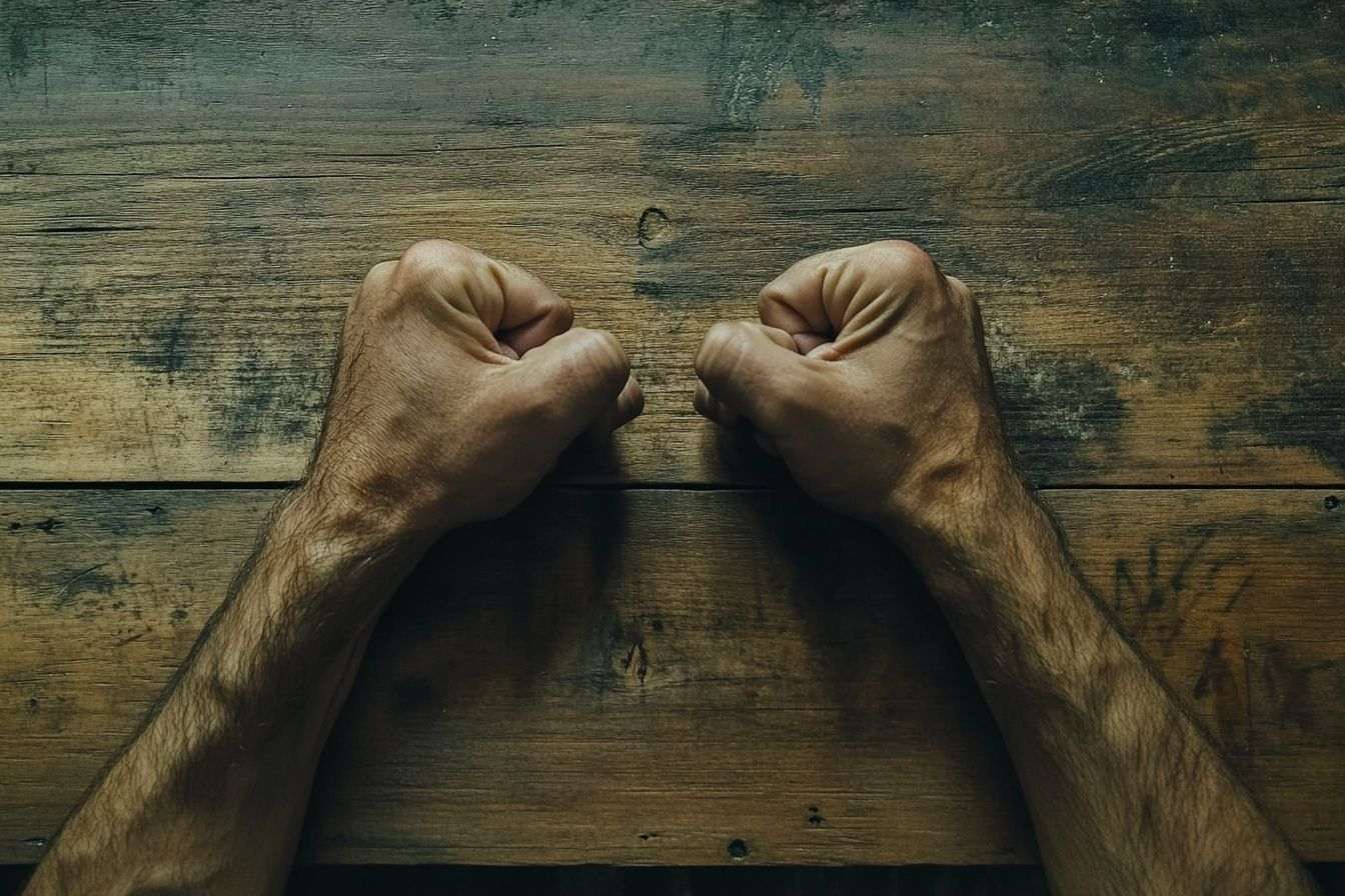 Gros plan de poings serrés sur une table en bois
