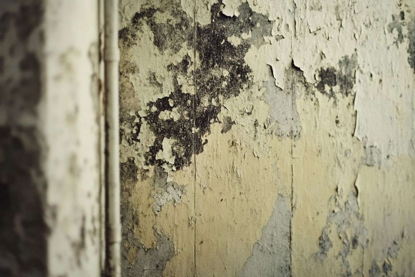 Mur avec moisissure noire et peinture écaillée