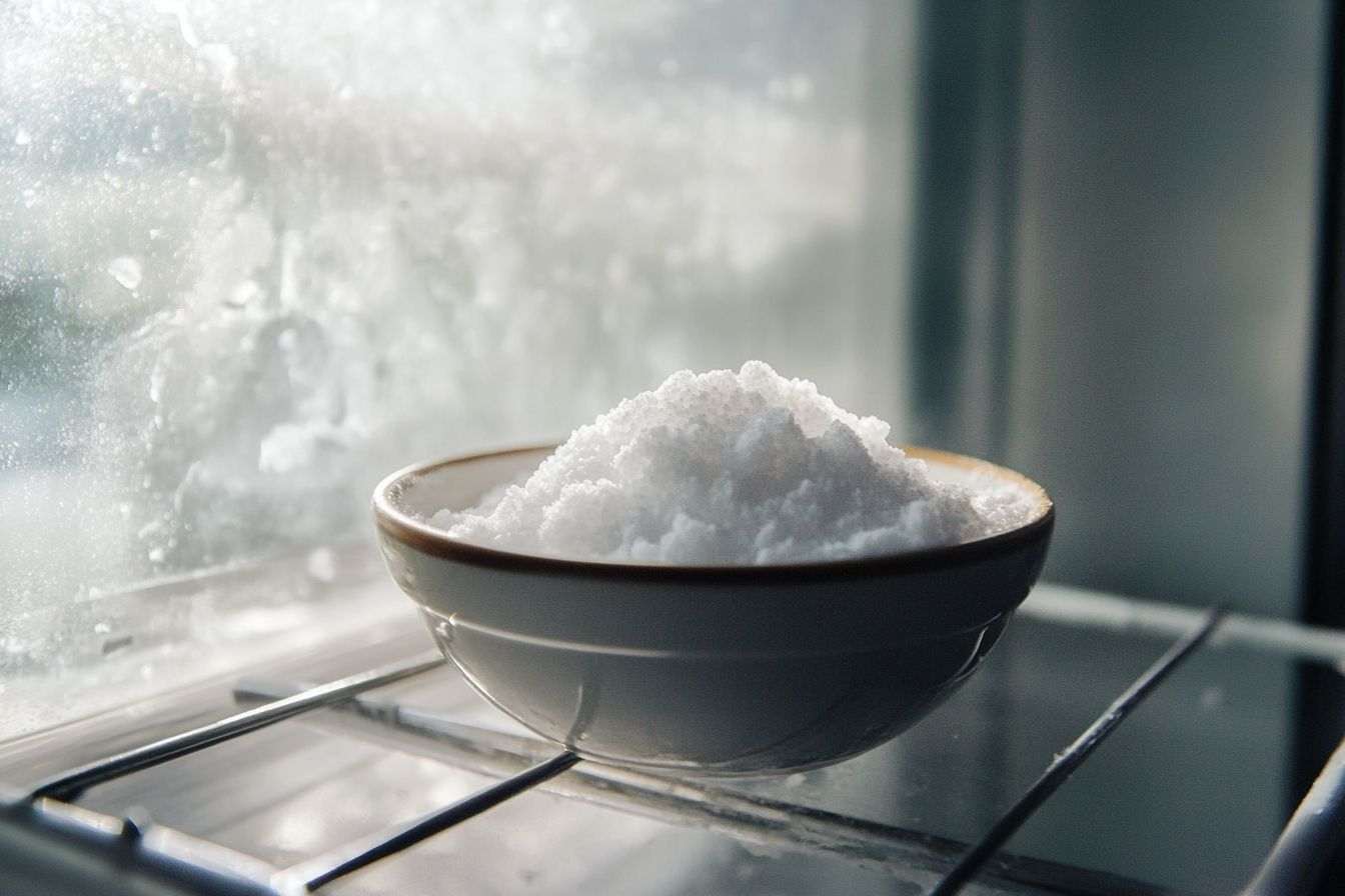 Petit bol de bicarbonate sur étagère du réfrigérateur