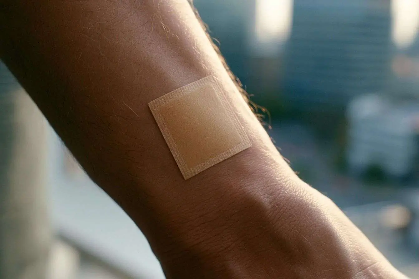 Image détaillée d'un patch de nicotine avec texture lisse sur avant-bras