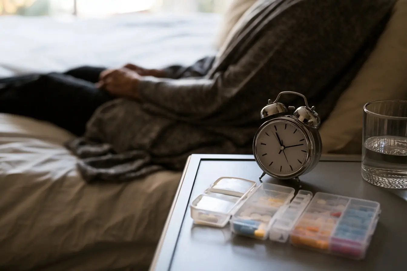 Personne au lit avec reveil et pilulier