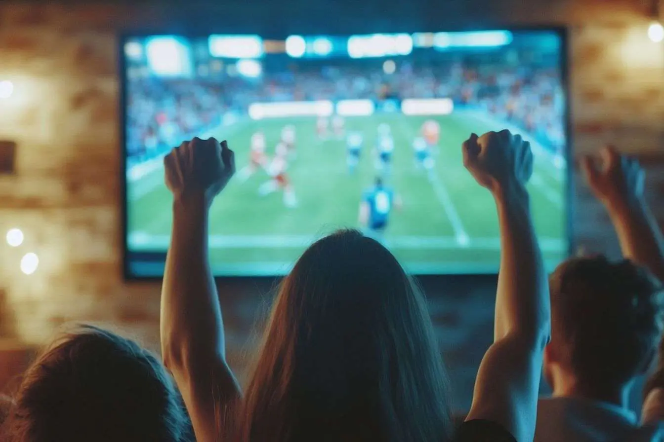 Une scène vibrante d'un match de football projeté à l'écran où les mains des amis s'élèvent dans l'excitation, capturant un moment palpitant.