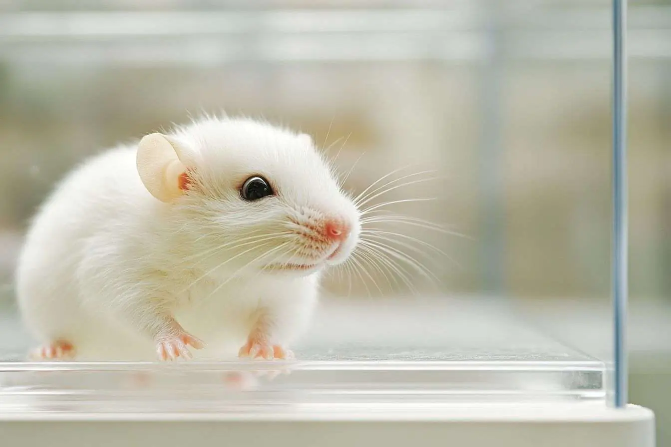Un gros plan captivant d'un petit animal de laboratoire dans un lieu de recherche impeccable et lumineux, reposant sur une litière moelleuse